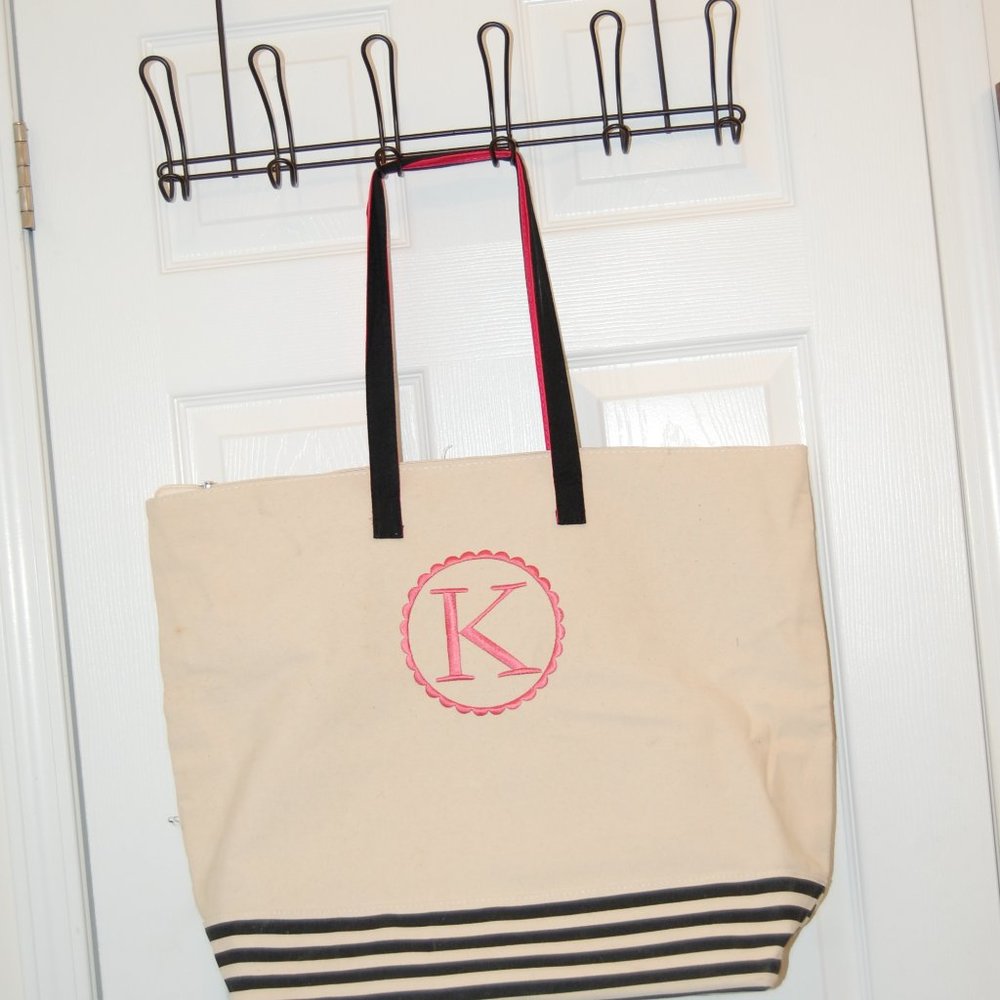 Canvas Tote W/ Initial K  Off White/Pink & Black 22" W x 17" H